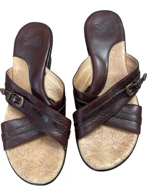 Sofft Brown Leather Crisscross Slide Everyday Comfort Sandals thumbnail 1