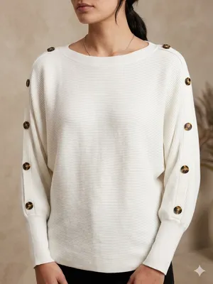 Cupio Cream Ribbed Crewneck Sweater with Button-Trim Sleeves thumbnail 1