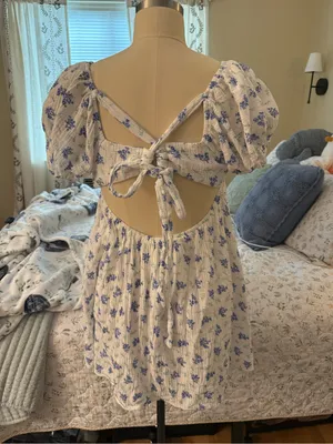 Princess Polly White Mini Cottage Core Dress with Blue Floral Print thumbnail 2