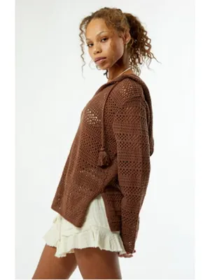 Roxy Hippie Love Open Knit Hooded Sweater Size L NWT (25” PTP) Mocha thumbnail 5