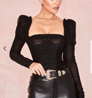 House of CB Black Ruched Mesh Puff-Sleeve Square Neck Bodysuit Size XS thumbnail 1