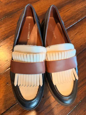 Marc Fisher Calixy Kiltie Fringe Loafers Black Cream Brown Size 8.5 thumbnail 1