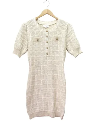 Mable x Petal + Pup Paige Mini Dress M Light Taupe Textured Knit Puff Sleeve thumbnail 2