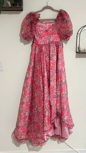 Sugar Thrillz‎ Growin’ Pretty Maxi Dress Sweetheart Neck Sheer Puff Sleeve XS thumbnail 1