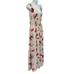 Lucky Brand Ivory Red Blue Floral Sleeveless Tie Waist V-Neck Maxi Dress size S thumbnail 9
