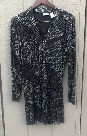 Chico's size 2 Button Front Cardigan Women Black Velvet Burnout Sheer zebra thumbnail 1