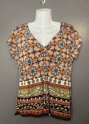 Nicole By Nicole Miller Shirt Womens XL Orange Boho Floral V Neck Top Blouse thumbnail 1