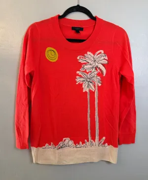 J crew Coral Sweater with Palm Tree Motif and merino wool size medium thumbnail 1