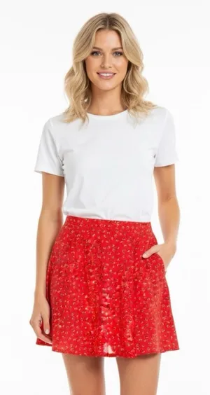 Old Navy Red floral Pleated Skater Mini Skirt size medium thumbnail 1
