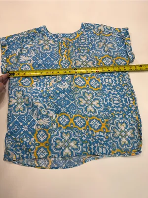 Ann Taylor Linen Blue Patterned Cap-Sleeve Blouse  Size Medium thumbnail 4