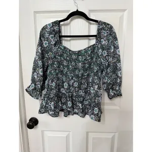 American Eagle Floral Smocked Peplum Top‎ Square Neck Puff Sleeve L thumbnail 7