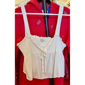 White‎ Smocked Babydoll Camisole Tie Front Ruffle Peplum Tank Top Cottagecore thumbnail 2