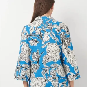 ZARA Blue White Floral Linen Blend Blouse Top NWT XL Oversized Kimono Sleeve thumbnail 4