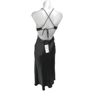 NEW Zara Black Silk Satin Sleeveless Cutout V Neck Strappy Midi Slip Dress Sz XS thumbnail 2