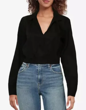Abercrombie & Fitch Long Sleeve Poplin Wrap Blouse Small Top Cotton V-Neck Black thumbnail 1