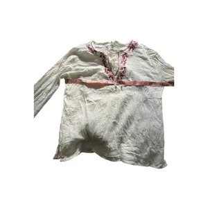Vintage Ivory/Burgundy Embroidered Lace Up Peasant Crinkle Long Sleeve Top Boho thumbnail 6