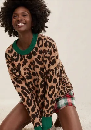 Aerie nwt oversized small trendingLeopard-Print Crewneck Sweater with Green Trim thumbnail 1