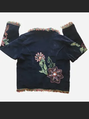 Vandana Black Velvet Embroidered Blazer with Floral Design - Size XL EUC thumbnail 3