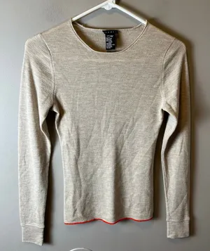 Theory Women’s Ribbed 100% Wool Sweater‎ Beige Tan Size Medium Fitted Minimalist thumbnail 1