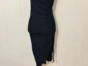 Pampelone Black Ruched Midi Dress Wrap Draped Spaghetti Strap Size M thumbnail 12