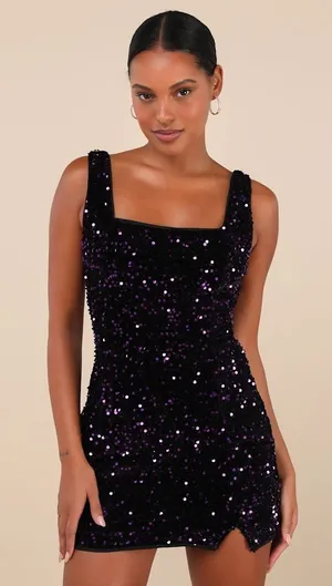 Lulus Seeing Sparkles Dark Purple Velvet Sequin Square Neck Mini Dress Small NWT thumbnail 1
