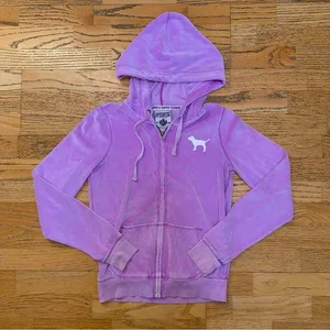 VICTORIAS SECRET PINK Terrycloth Full Zip Hooded Sweatshirt Logo Y2K Purple XS thumbnail 1