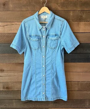 Madewell Denim Shirt Dress Snap Front Stretch Jean Dress Size 14 thumbnail 1