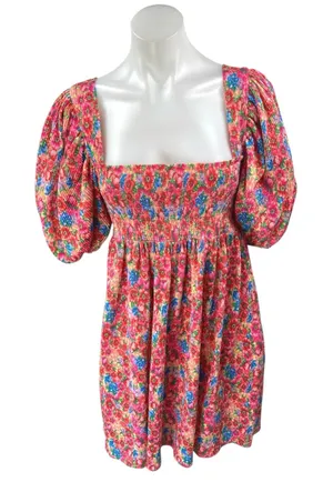 Zara Multicolor Floral Puff Sleeve Smocked Square Neck Mini Fit & Flare Dress L thumbnail 1