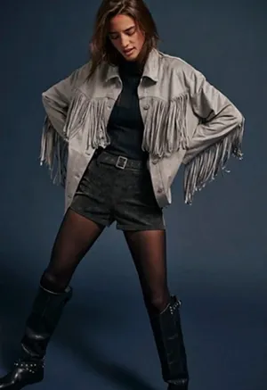 Free People Fringe Out Vegan Suede Jacket Gray Size XL NEW thumbnail 1