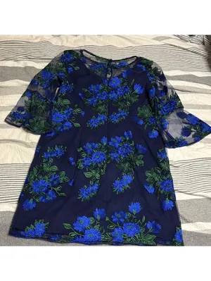💕NWOT Leslie Fay Navy Dress Blue Floral Embroidered Bell Sleeve Sheath Sheer thumbnail 6