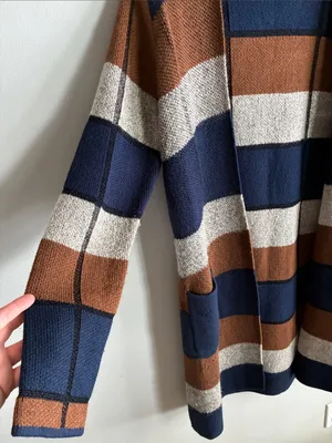 BCX Color Block Long Cardigan Sweater Womens M Open Front Navy Brown Boho Fall thumbnail 3
