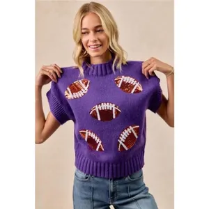 ✨NWT‎ BiBi Gameday Sequin Football Patches Rib Banded Sweater thumbnail 4