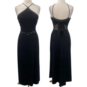 Vintage 90s Y2k Dave & Johnny Beaded Halter Neck Gown Sheer Tie Back Black 8 thumbnail 2