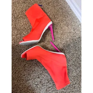 Aldo Neon Orange Sock Boots Peep Toe Stiletto Heel Gogo Retro Zip Womens 9/40 thumbnail 3