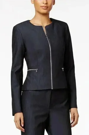 Calvin Klein Womens Denim Blue Peplum Zip Up Blazer,‎ Size 8 thumbnail 1