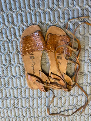 Women's Tan Woven Leather Lace-Up Sandals thumbnail 3