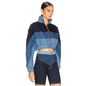Unbranded Women NA Colorblock Denim Cropped Bomber Jacket Blue Black‎ Mock Neck thumbnail 2