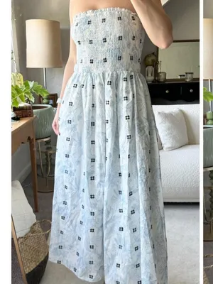 The Impeccable Pig Blue & White Floral Smocked Strapless Maxi Dress thumbnail 2