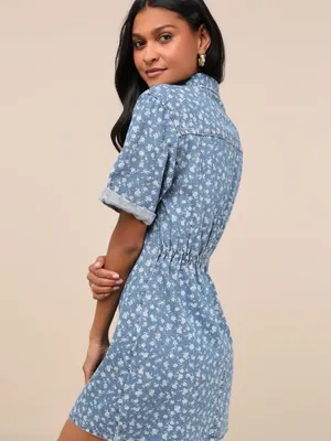 Lulus Renske Light Wash Floral Print Denim Mini Dress Size XL thumbnail 2
