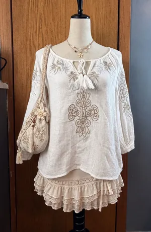 Kye Mi White Embroidered Cotton Peasant Blouse Tassel Top Size Small thumbnail 1