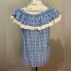 ROBERTA ROLLER RABBIT Lucia Fringe Off Shoulder‎ Top Blue Tile Print sz S thumbnail 2