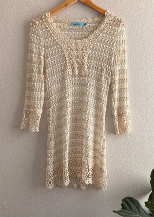 Solitaire Swim by Anthropologie Cream Crochet Swim Coverup Y2k Vintage Gold Shimmer M thumbnail 1