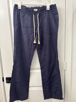 Roxy Oceanside Navy Blue Linen Drawstring Flare Pants Size L thumbnail 3