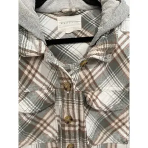 Aeropostale‎ Plaid Cropped Flannel Hooded Shacket Green Brown Large thumbnail 2