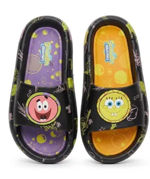 Ground up SpongeBob & Patrick Black Slide Sandals - Fun Yellow & Purple Insole. thumbnail 1