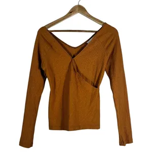 Maeve Anthropologie Ribbed Surplice Faux Wrap V-Back Top Burnt Orange Size Small thumbnail 2