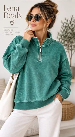 Zenana Vintage-Inspired Acid Wash Fleece Half Zip Sweatshirt Hunter Green Sz Med thumbnail 1
