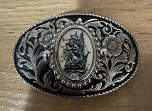 Vintage HAND ETCHED Faux Scrimshaw Sailing Ship Belt Buckle Floral‎ thumbnail 1