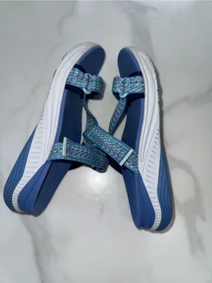 Dansko Light Blue Slide Sandals with Multicolor Woven Straps thumbnail 6