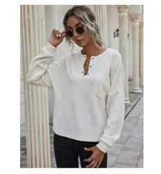 Shein white Garment Eyelets Pocket Front Tee ribbed long sleeve top thumbnail 1